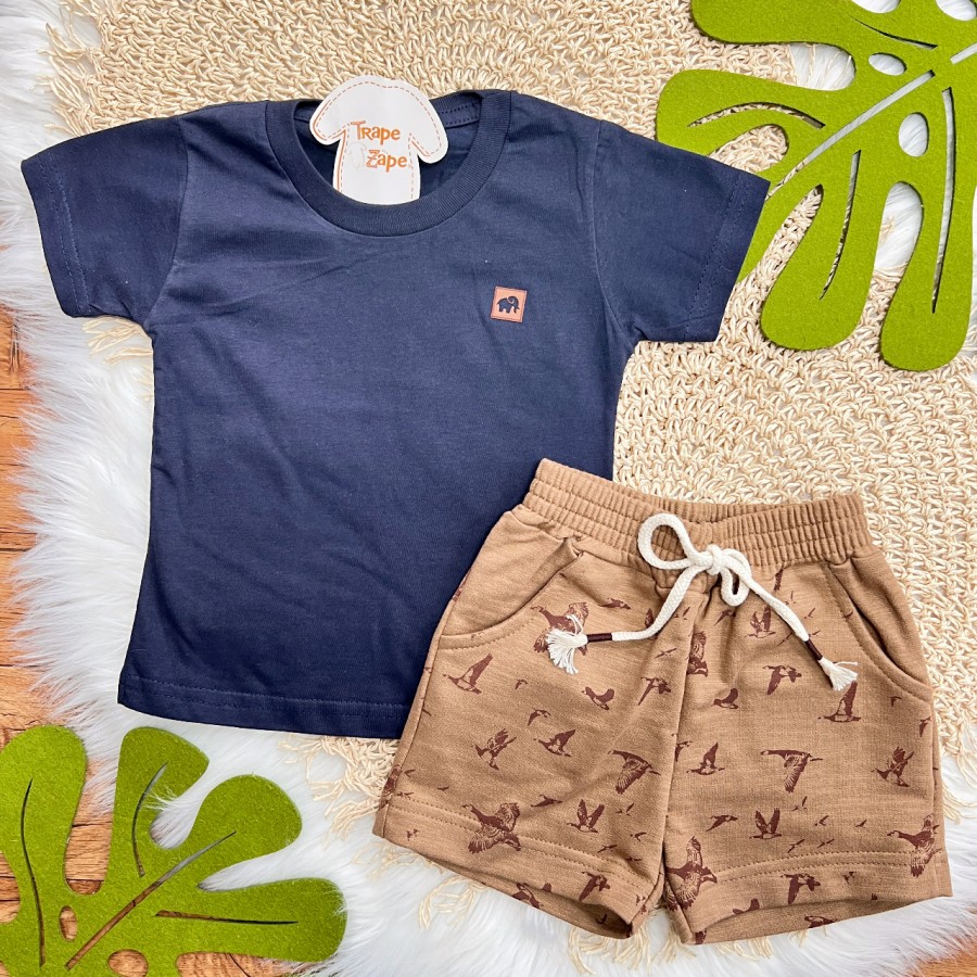 Conj. Camiseta Elefante e Bermuda Gansos - Marinho e Ferrugem